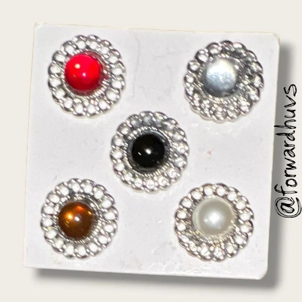 Set of 5 Decorative Metal Pins – Assorted Colors – Silver Filigree Border